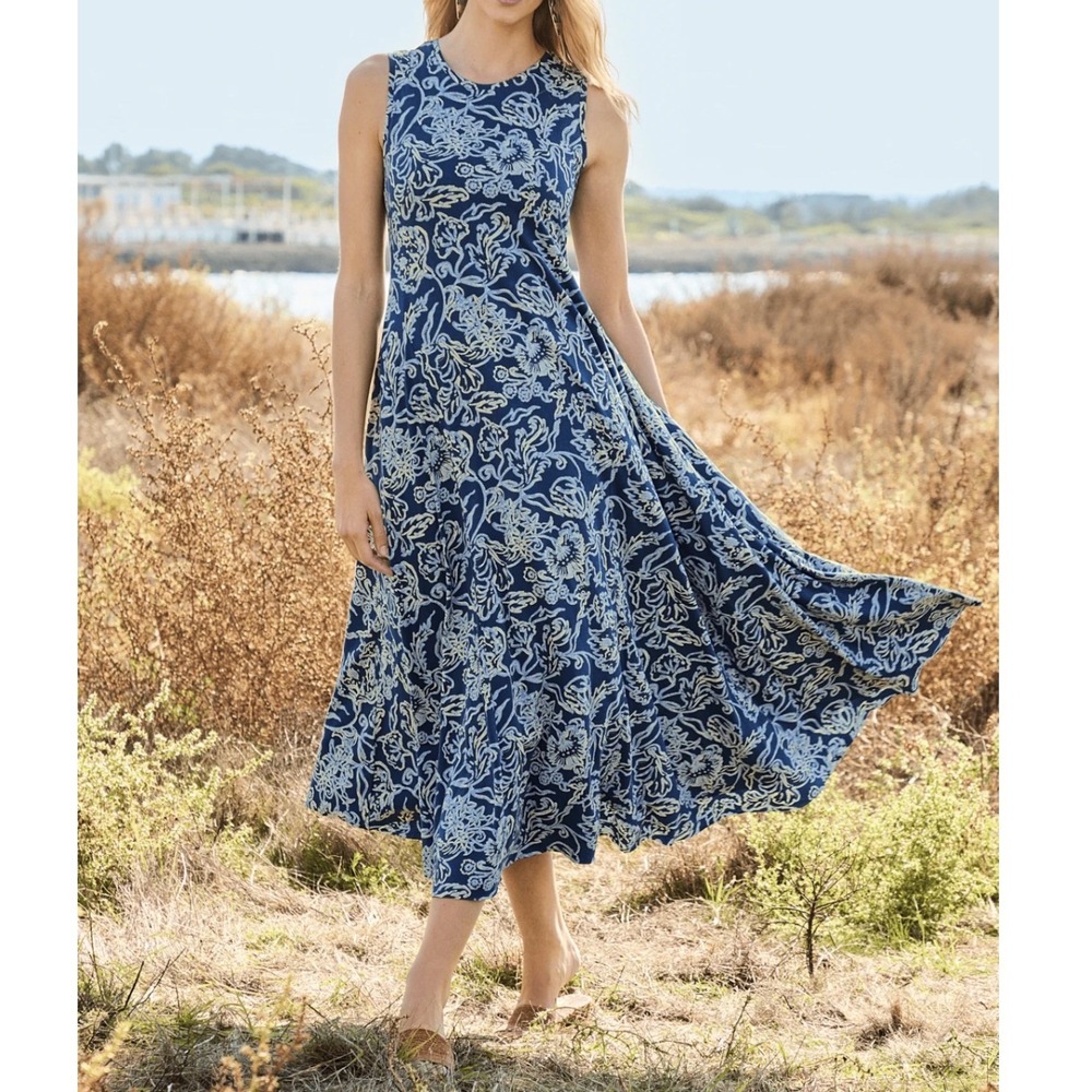 Peruvian Connection Tracery Maxi Dress Women XL Blue Floral Pima Cotton Knit